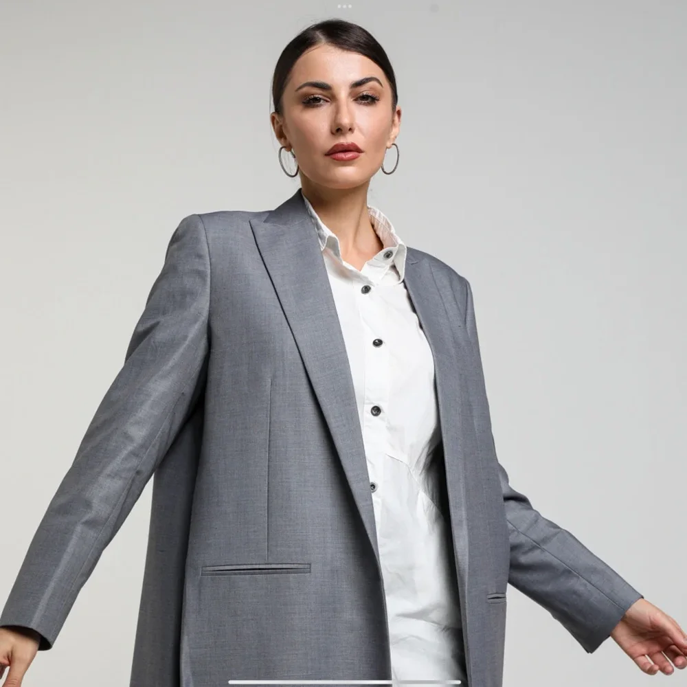 Gray Peak Lapel Women Jacket One Piece Fashion Solid X-Long Loose Daily Casual Blazer Basic Office Lady Gorgeous Female Coat