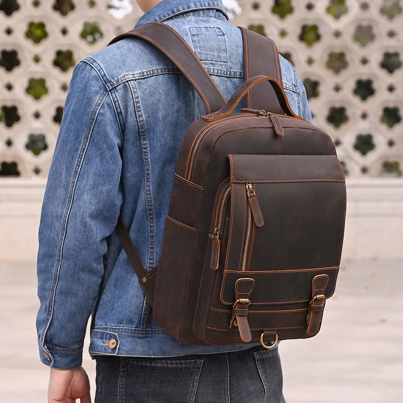 Luufan bolsa de peito masculina de couro crazy horse, mochila de ombro único, 2 usos, vintage, couro de vaca, mochila de viagem masculina, marrom