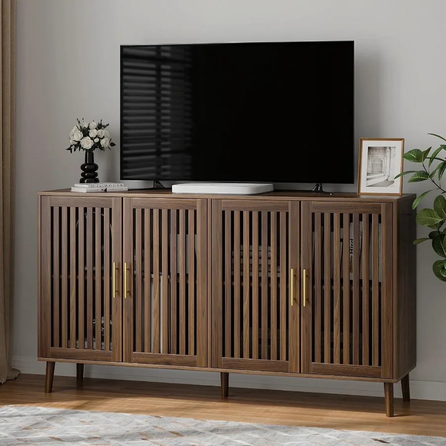 خزانة بوفيه مع تخزين 63 خزانة جانبية من خشب الجوز مع أبواب شبكية، رف قابل للتعديل، خزانة تخزين بار القهوة الخشبية للمطبخ L #6