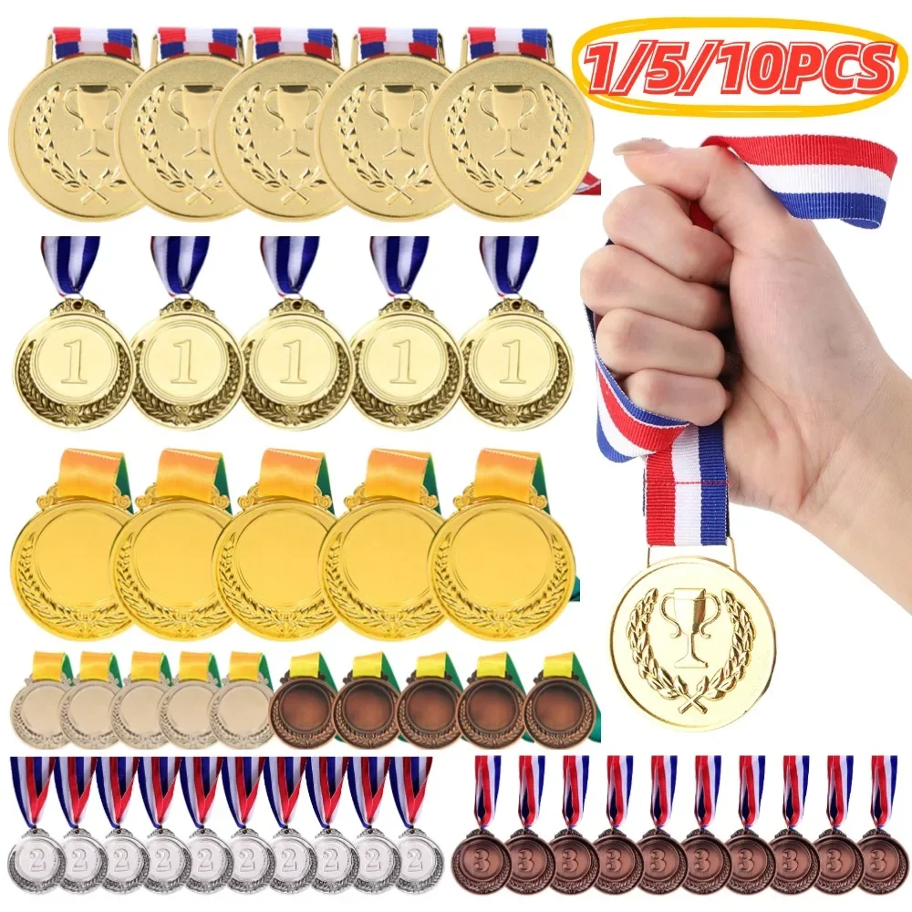 

1/5/10 шт. круглые медали победителя из цинкового сплава, золотистая, серебряная бронзовая наградная медаль с лентой на шею, первые, 2-е, 3-е призы, нагорода победителя