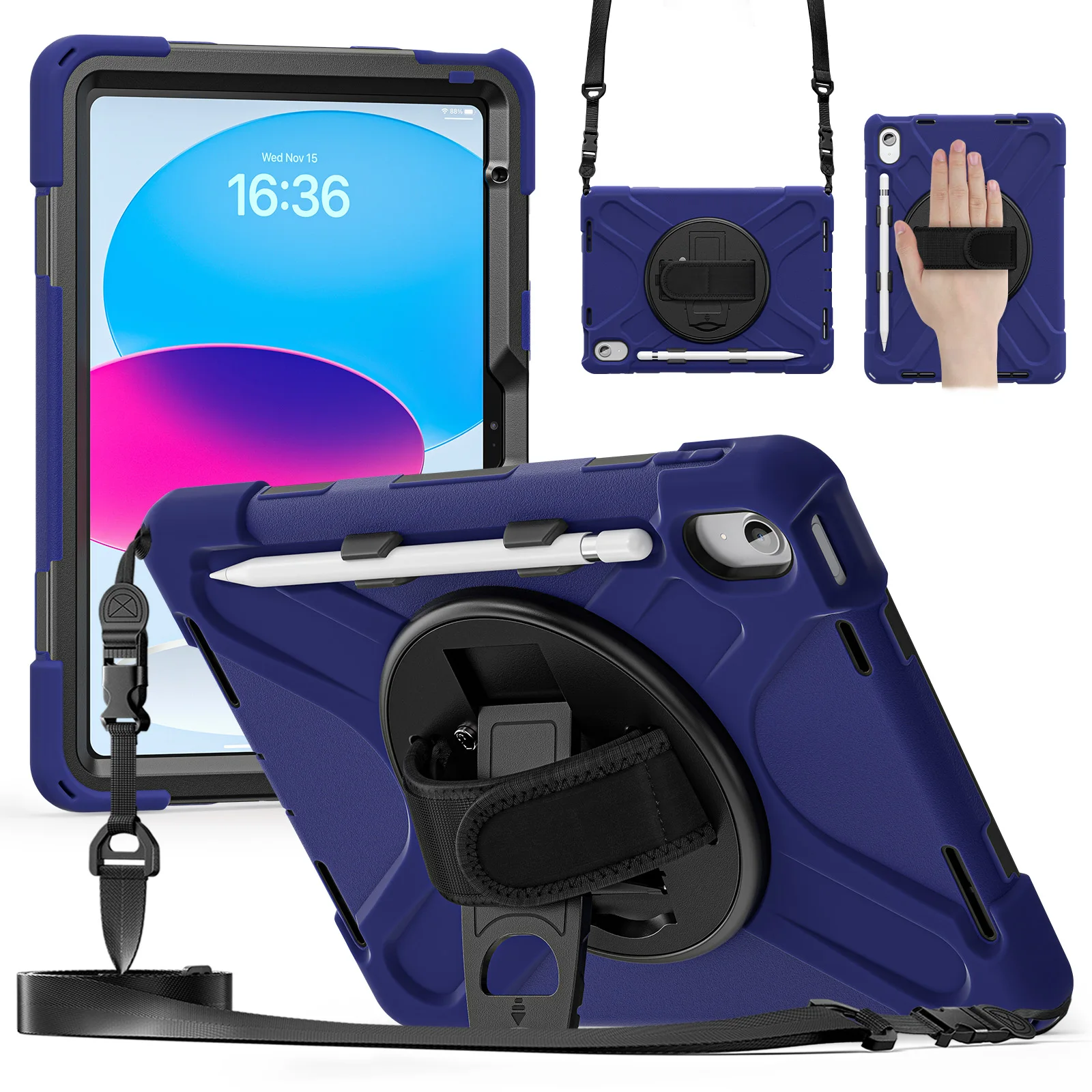 For iPad (2025)  /  10.9 (2022) Case Hand Strap Kickstand TPU PC Silicone Tablet Cover with Shoulder Strap  /  Pen Slot - Navy B