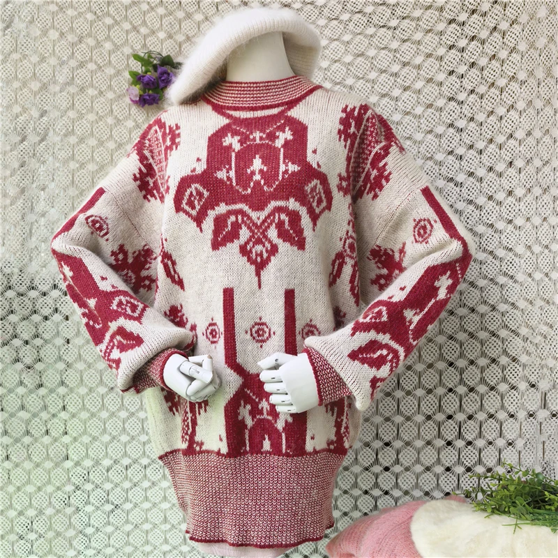 

Women Mujer Autumn Winter Fashion Colored Red Hairy Mohair Wool Knitted O-Neck Medium Long Loose Pullover Sweater Jumper Pull