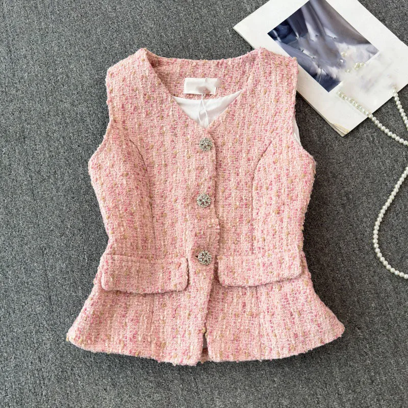 

Summer Pink V-neck Single Breasted Vest Coat Women Elegant Sleeveless Women's Jackets Slim Fit Tops Mujer Tweed Vest