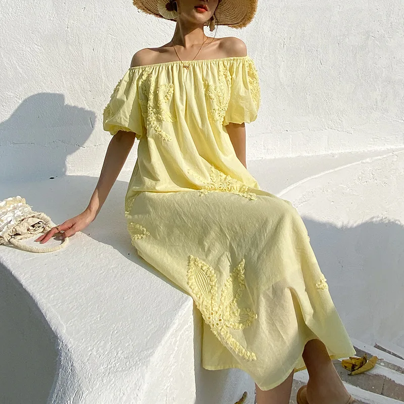 Embroidered Lemon Yellow Floral Off-shoulder Loose Fit Women\'s Midi Dress 2024 Spring/Summer Vacation Beach Dress