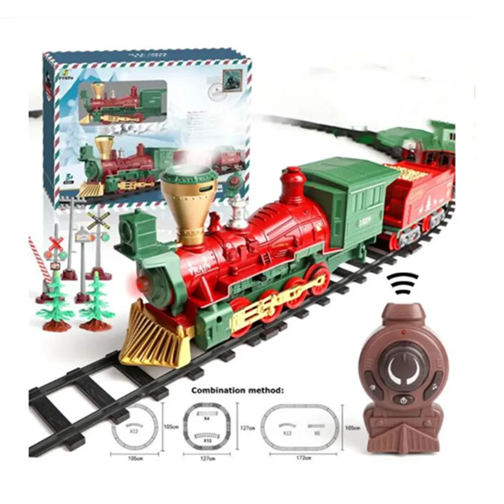 Electric Remote Controlled Track Train Set Smoke Emitting Track Train Locomotive Classical Christmas Train Toys For Children\'s