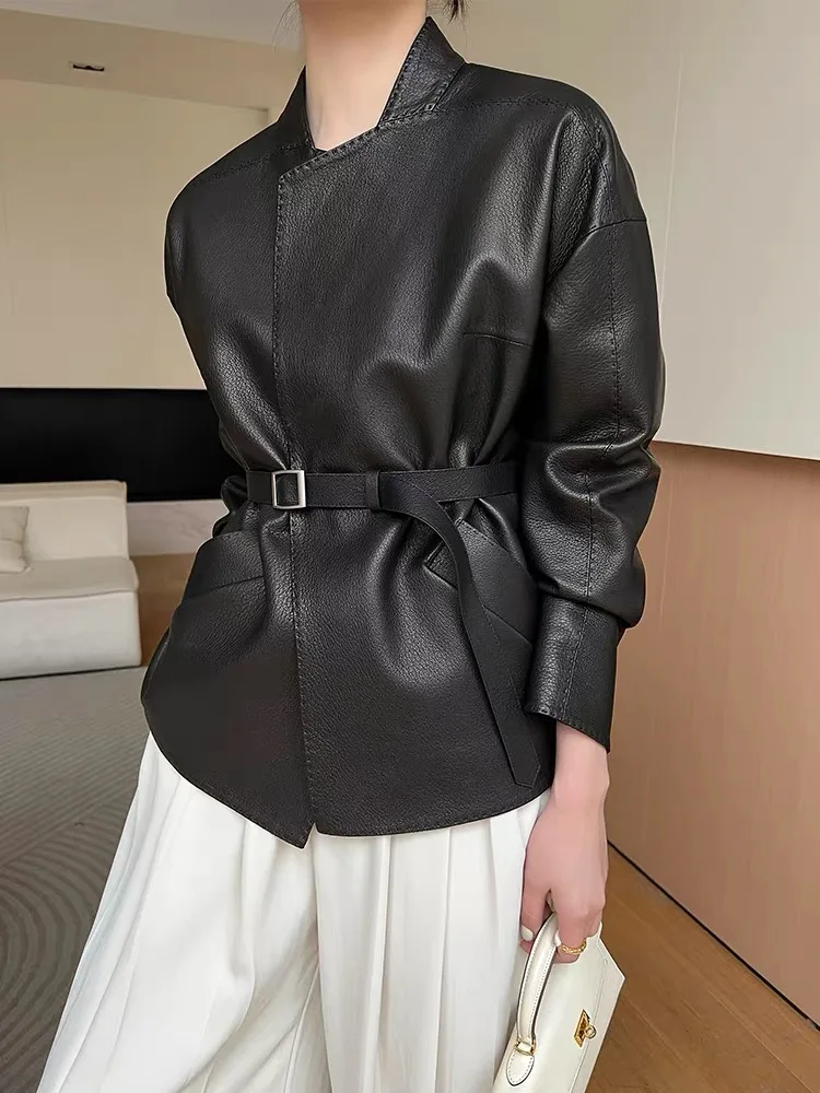 Moda donna abbigliamento elegante cappotto femminile in vera pelle con scollo a V telai giacche streetwear nero ufficio signora