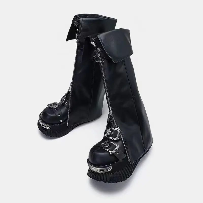 Gothic Punk Women Leg Warmers PU Leather Metal Buckle Zipper Y2K Motorcycle Style Boot Cuff Socks for Party Clubwear