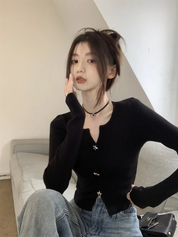 

Slim Fit Long Sve Bla Knitted Top Women's Thin Sle Spring Spicy ort Coat Cardigan V Ne Knitted Sweater Fem Faion