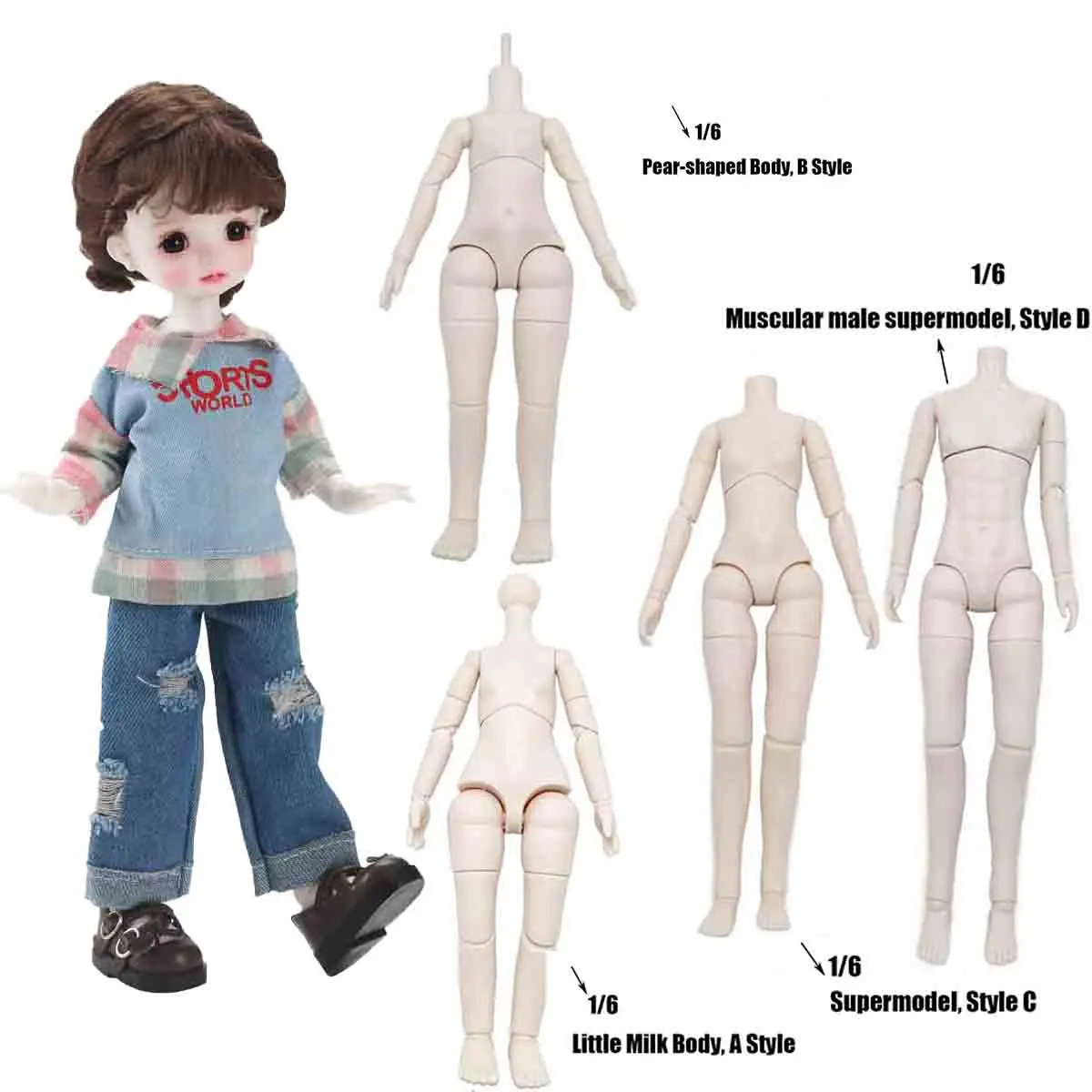 1/6 Doll Body Accessories 30cm Multi-joint White Skin Body Pear-shaped Body/Supermodel Body/Muscular Male Body DIY Dress Up Toy