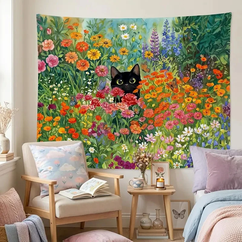 VIKAMA Black Cat in Colorful Flower Garden Tapestry, Floral & Cat Wall Hanging for Bedroom, Living Room, Dorm & Pet Lovers Decor