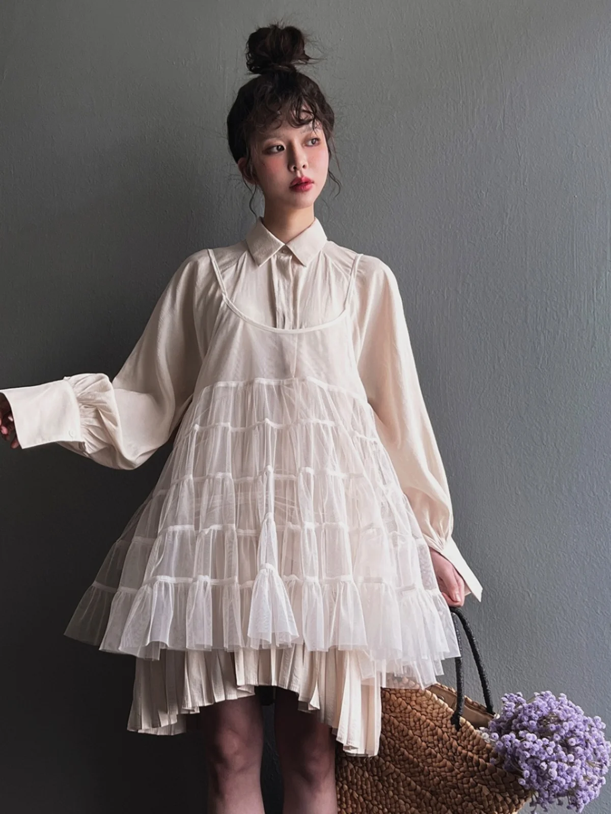 Ele Me Strap Dr femmes automne nouveau polyvalent col Vintage simple bouton irt gâteau jupe coréenne Sle taille ample