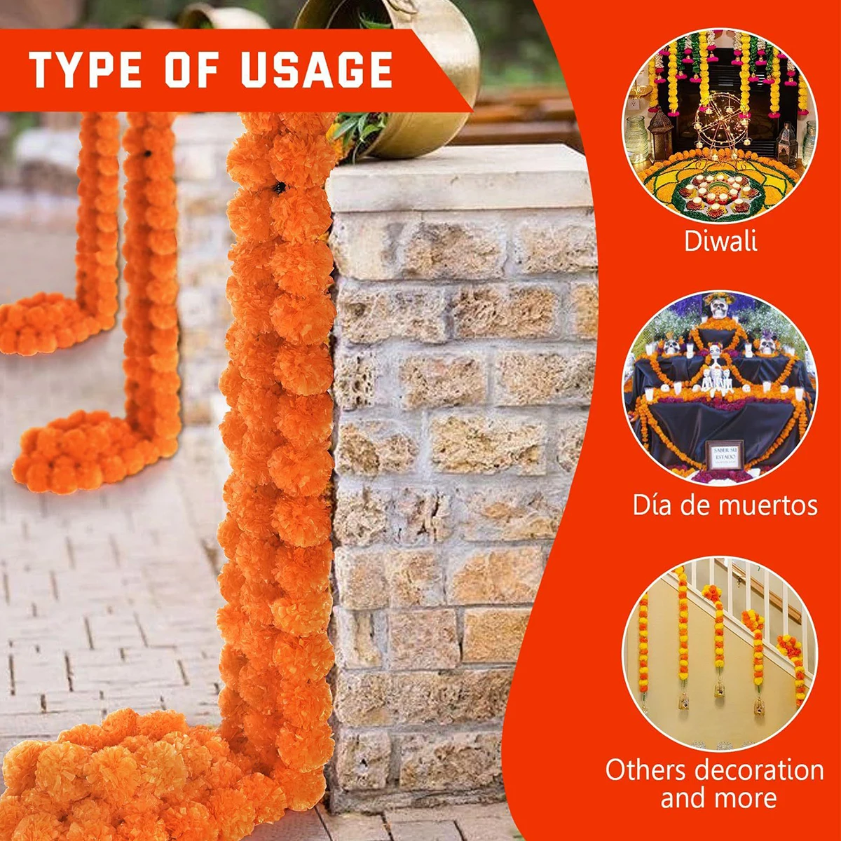 5 قطع من إكليل القطيفة للزينة، زهور القطيفة الاصطناعية بطول 1.5 متر، ديكورات ديوالي للمنزل، القطيفة البرتقالية والأصفر هي