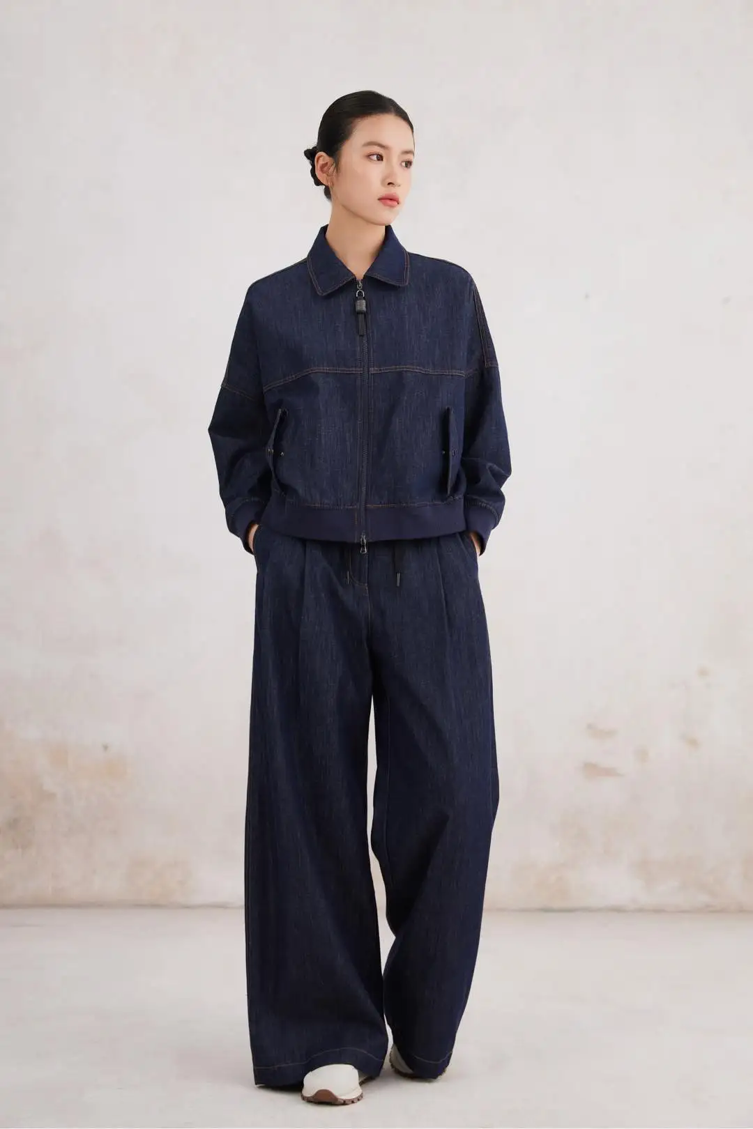 Women's Thin Denim Cotton Suit K3043L Long Sleeve Zipper Jacket + High Waist Drawstring Wide Leg Pants Set