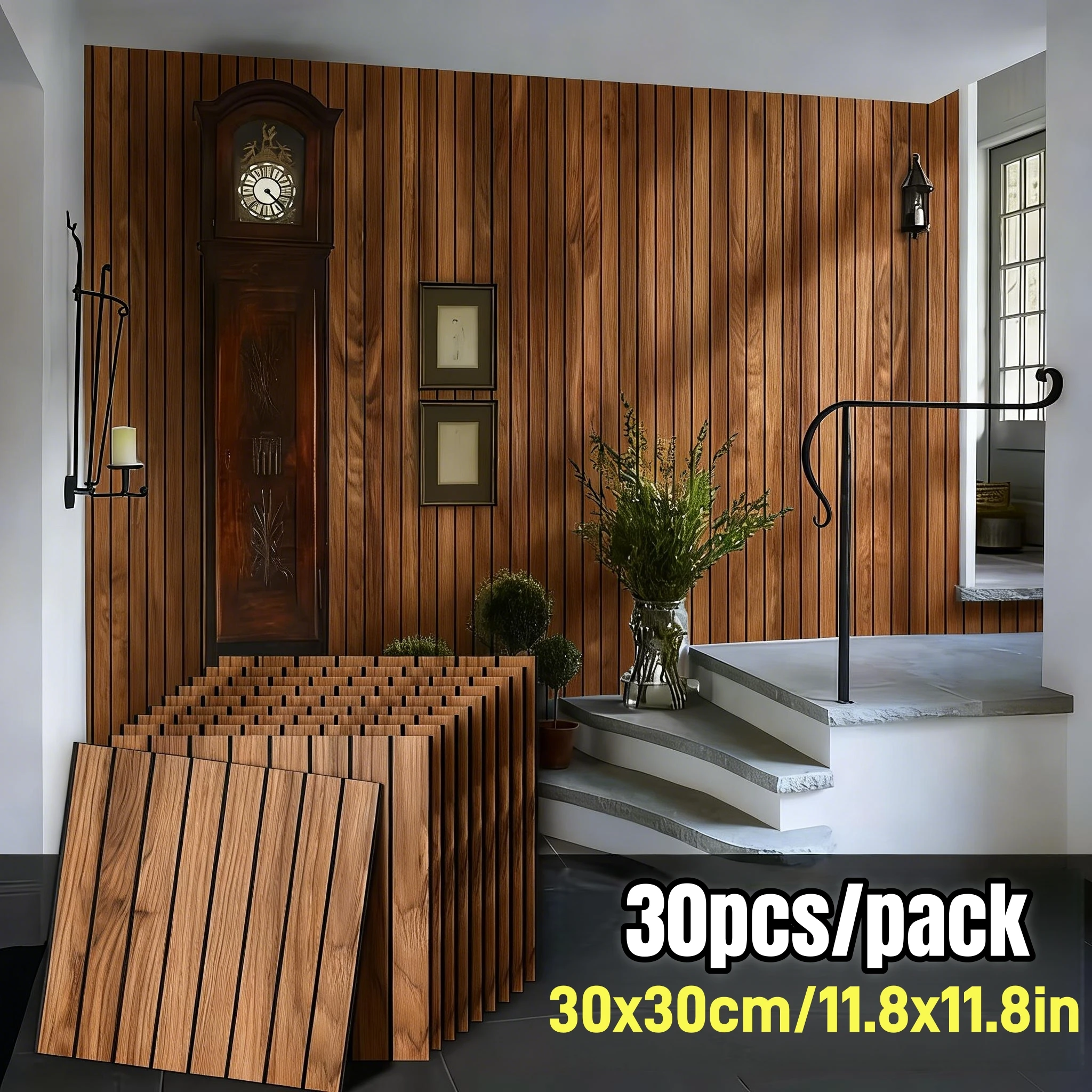

3D Wood Slat Self-Adhesive Wall Panels Peel and Stick Faux Wooden Grille Wallpaper for Bedroom Wall Renovation & Home Interior