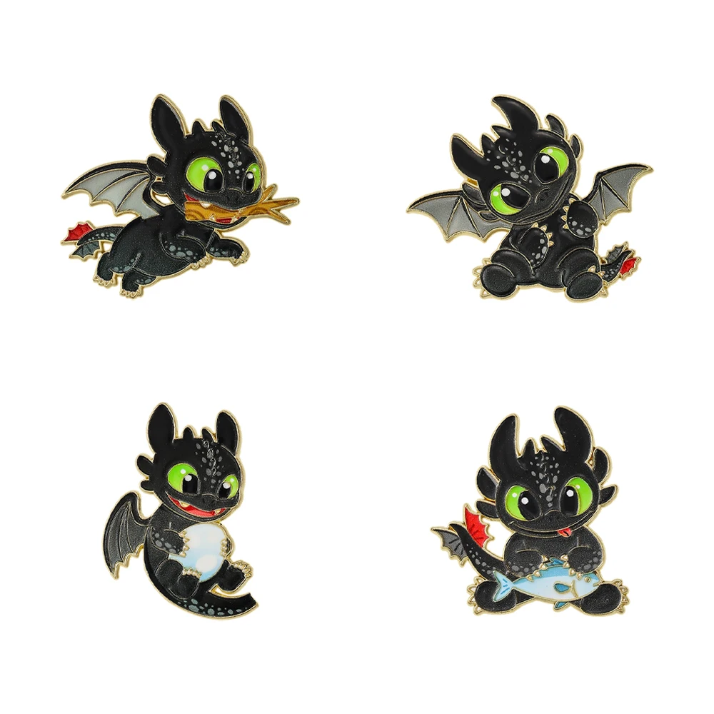 Niedliches Schwarzes Drachen-Emaille-Pin-Set, 4 Stück, Cartoon-Fantasy-Kreaturen-Anstecknadeln, Vergoldete Abzeichen für Rucksack-Dekorationen