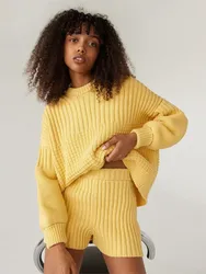 Trend Knitted Short Pants Sets Women Autumn Winter New Loose Pullover Sweater Slim Shorts Two Piece Set Casual Female Clothing