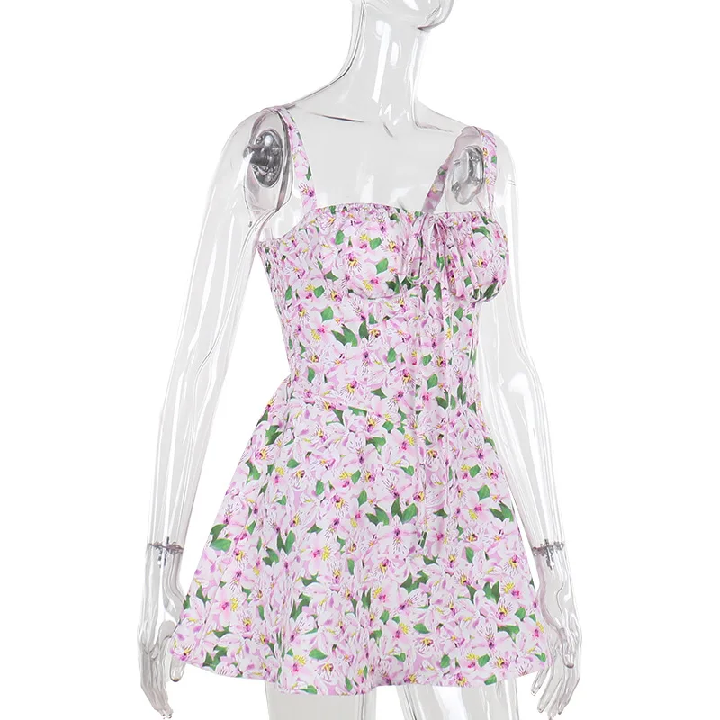 Rosa Blumenmuster-Slip-Kleid für Damen, Sommer, sexy, ärmellos, A-Linie, hohe Taille, kurze Kleider, Urlaub, Strand, Sommerkleid, 2025, Neu