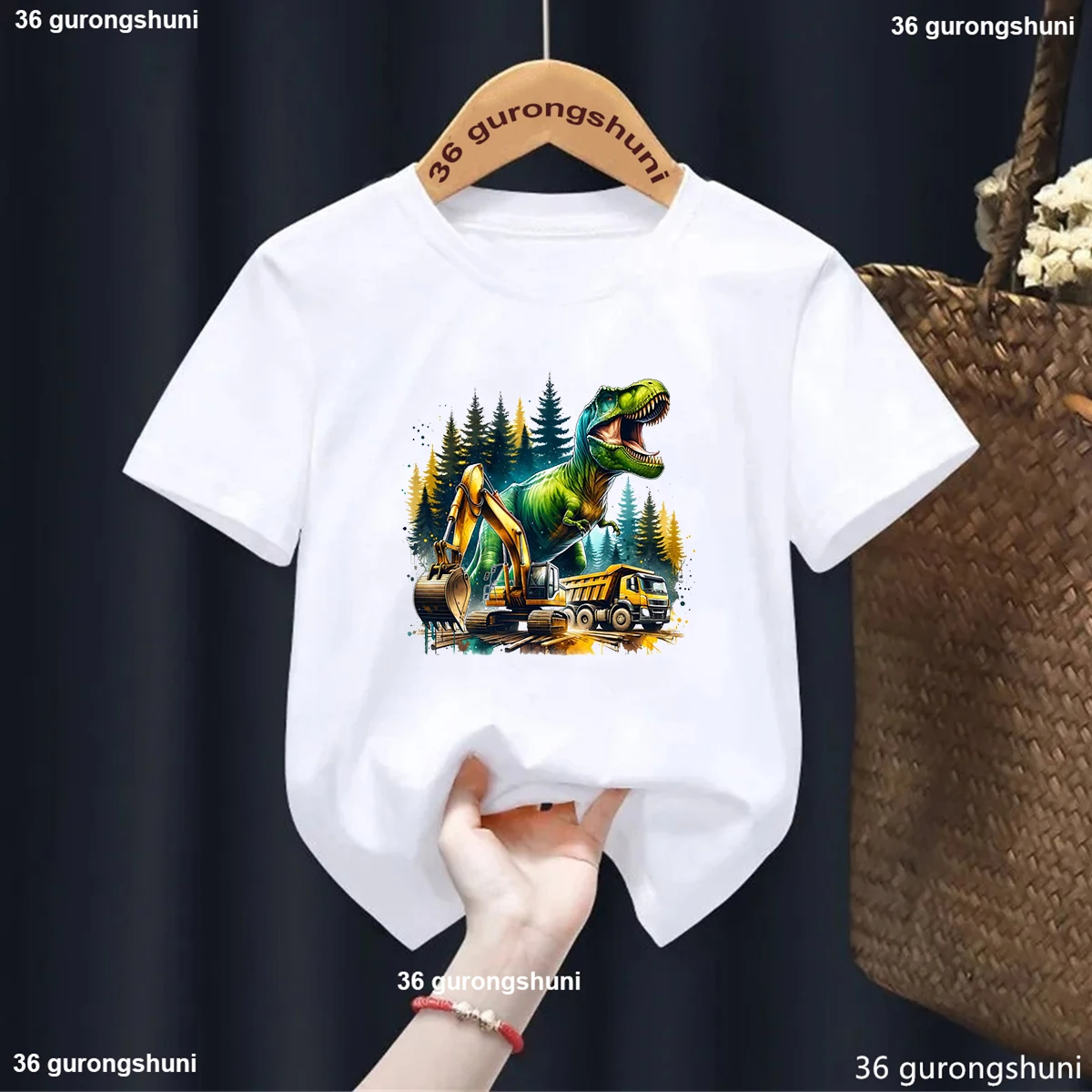 

Футболка с принтом T-Rex Monster Engineering Vehicle для мальчиков Kawaii, детская одежда, летняя повседневная однотонная футболка в стиле Харадзюку с короткими рукавами, топы