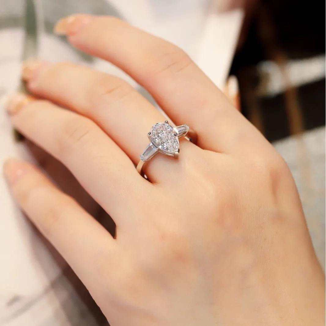 Ts 925 Sterling Silver Moissanite Ring For Women Men 2ct Pear Cut D Color Moissanite Lab Grown Diamond Jewelry Gift Brand Ring