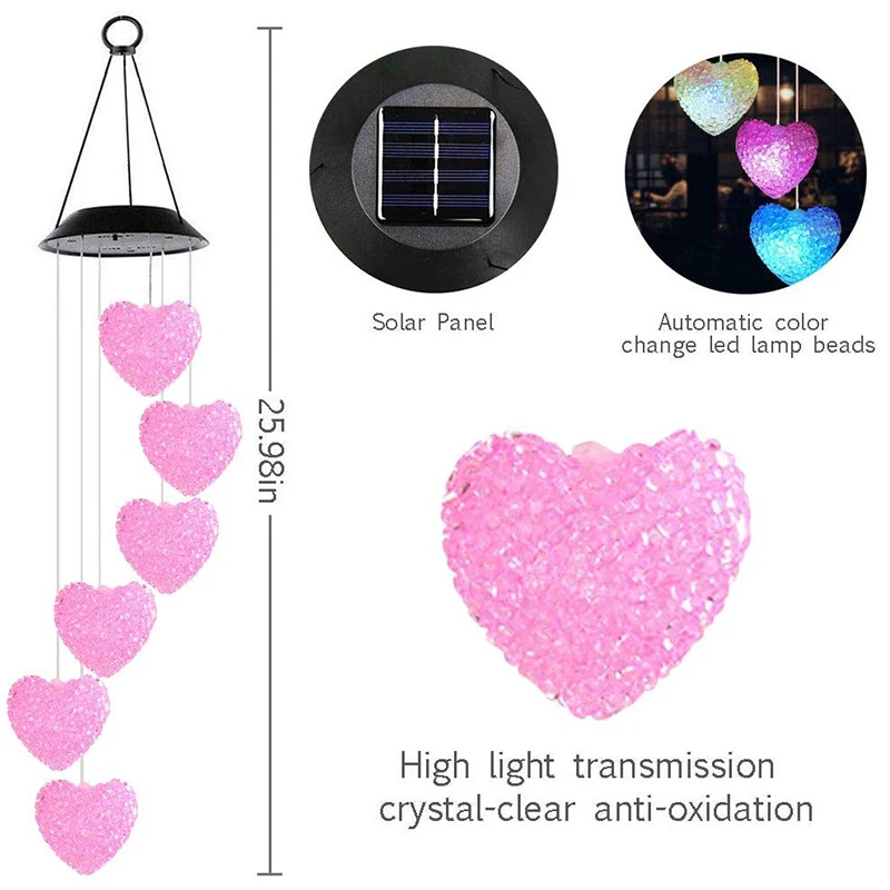 Campana a vento solare a forma di cuore che cambia colore luce a sospensione a luce solare campana a vento per lampada solare da giardino per feste all'aperto