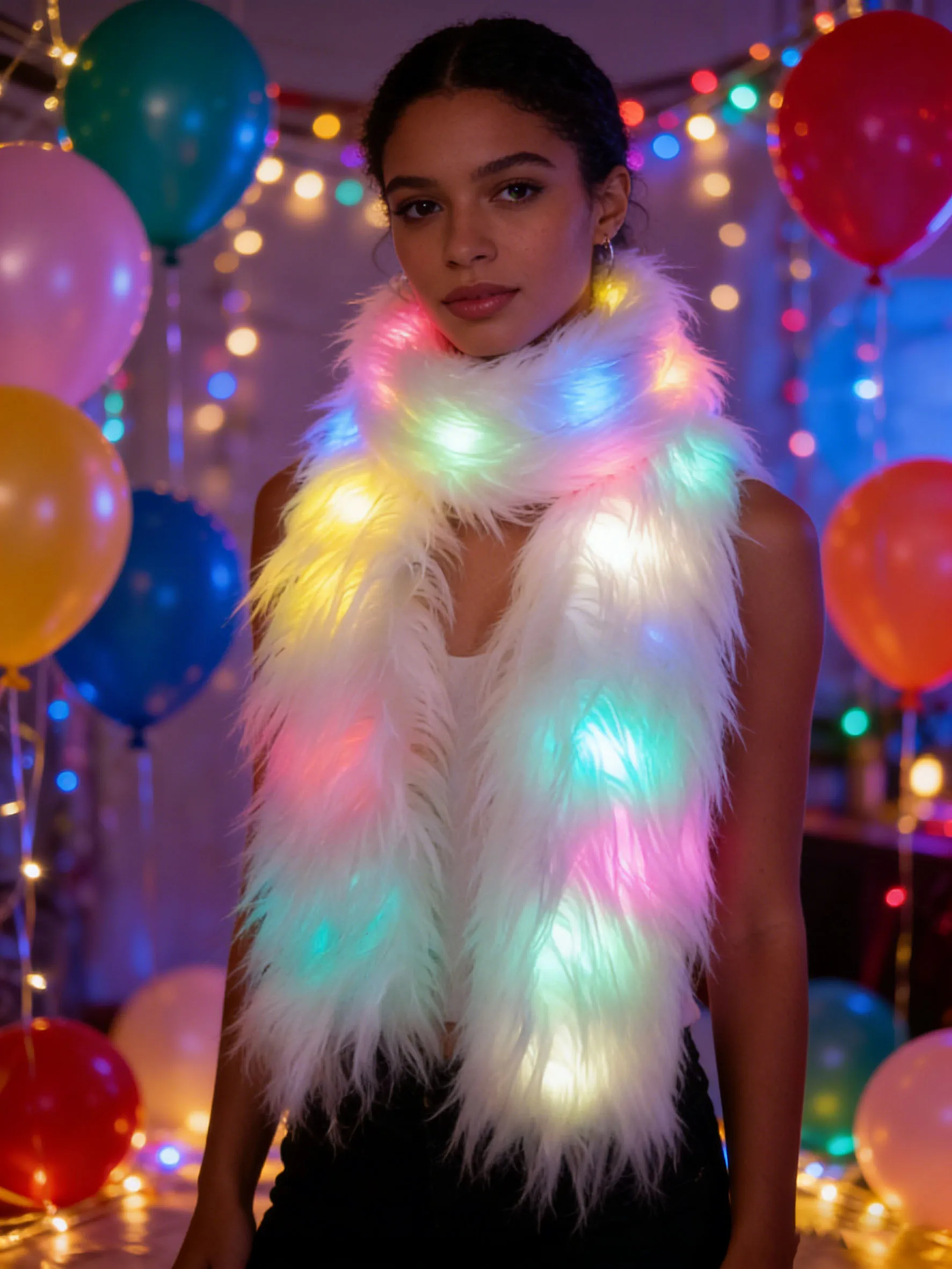 Women Fluffy Faux Fur Thicken Led Lights Cool Night Halloween Costume Scarf Autumn Winter Long Ponchos Scarf Faux Fur Wrap 6