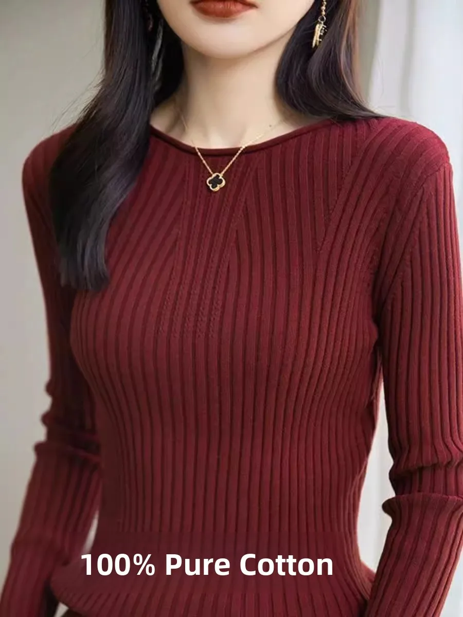 Suéter de Manga Larga con Cuello Redondo 100% Algodón para Mujer, Otoño Invierno, Cuello Redondo, Corte Ajustado, Versátil, Camiseta Interior