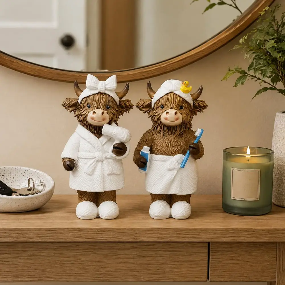1 Piece of Highland Cow Resin Ornament, Cute Hair-Drying Toothbrushing Design Nordic Tabletop Ornament Bathroom Home Decor