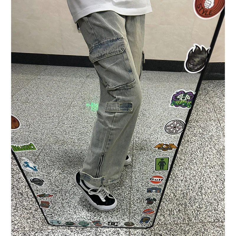 

Retro Blue Men's Workwear Denim Pants Multiple kets Straight Leg Zipper Cuff Heavy Du Casual Youth Faion Spring Autumn