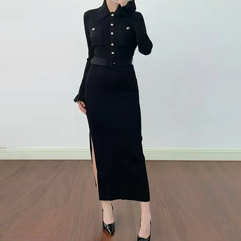 

【Gift Free】Elegant Side Slit Lapel Knit Dress Women Clothes Bell Long Sleeve Slim Fit Maxi Dress with Belt