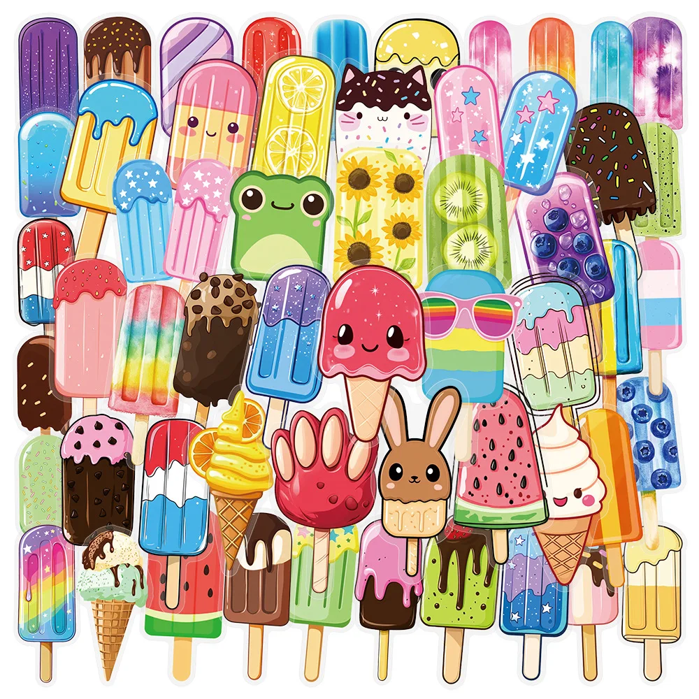 50 Stück Transparente PET Sommer-Eis am Stiel Lebensmittel Cartoon Aufkleber DIY Milchtee Computer Laptop SKIN Schreibwaren Wasserfeste Aufkleber