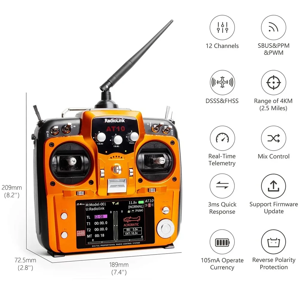 RadioLink AT10 II 2.4Ghz 12CH RC Transmitter with R12DS Receiver PRM-01 Voltage Return Module Battery for RC Quadcopter