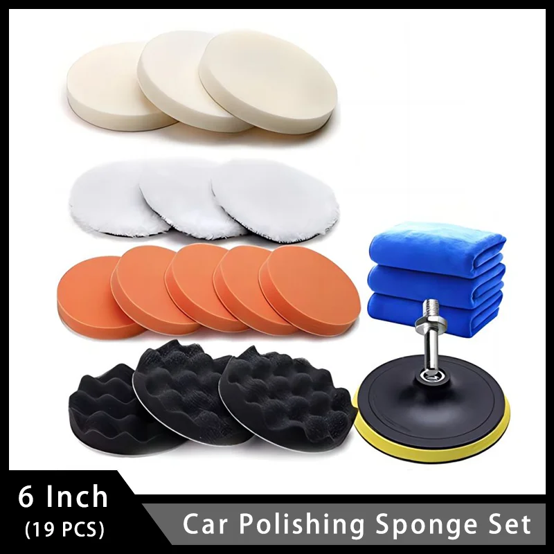 

6 Inch Car Polishing Sponge Set 19 Pcs 150mm Polisher Kit with Hook and Loop M14 Thread Drill Adapter for Automobile Polishing