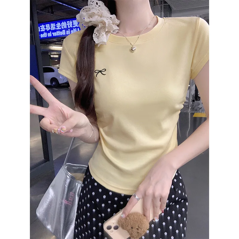 

Round Neck Embroidered Shoulder Short Sleeved Women's Summer Pleated Waist Cinching Short Top