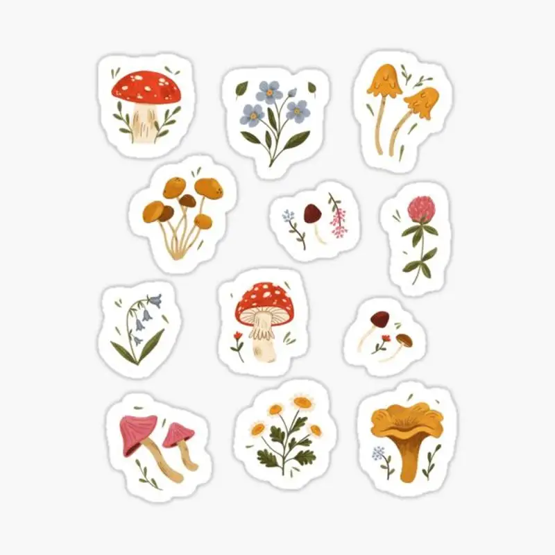 Mushrooms and Wildflowers Sticker for Laptop Decor Bedroom Car Cute Cartoon Art Fashionable Public Suitcase