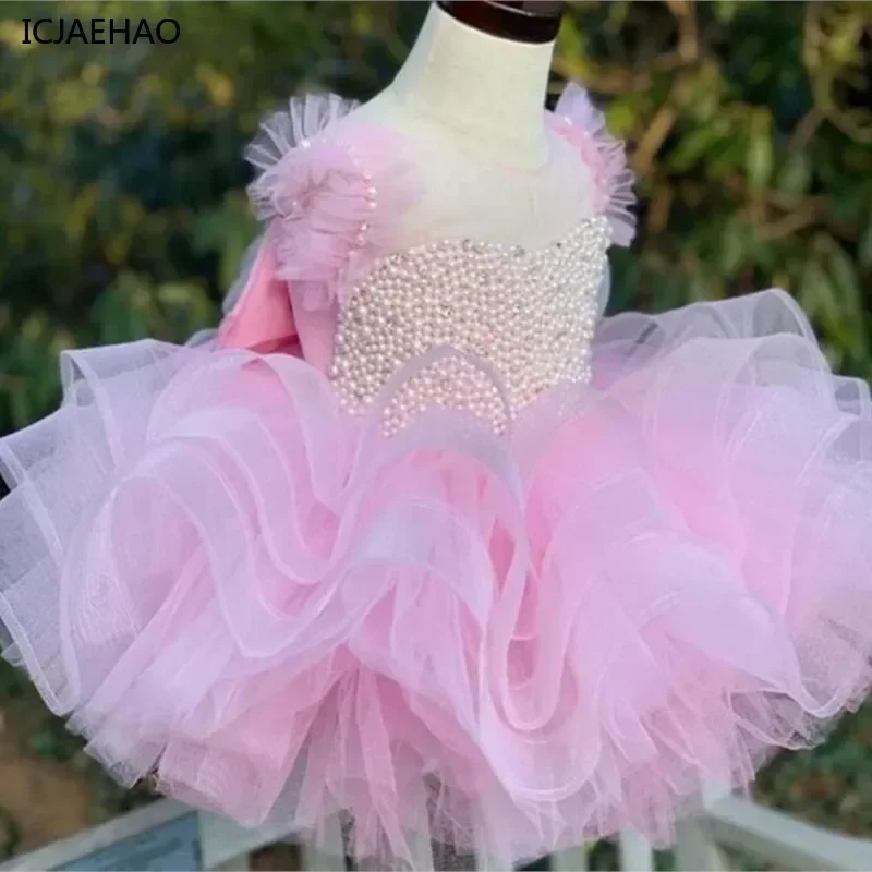 Girls' Pearl Tutu Dress with Bow Children's Vintage Costume Sleeveless Clothes Wedding Pageant  Birthday Party Baby Girls 2025