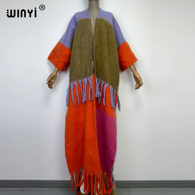 

WINYI Winter Women High Quality Strong visual contrast color tassels Luxury Long Fur Coat Loose OverCoat Thick Warm Female Coats