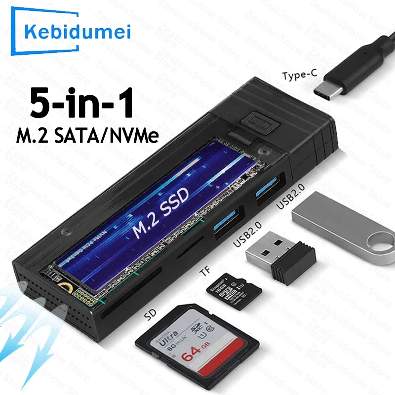 

USB C HUB M.2 NVMe NGFF SSD Корпус 5-в-1 Тип C HUB Док-станция с функцией хранения дисков Устройство чтения карт SD TF для ПК MacBook Pro Air