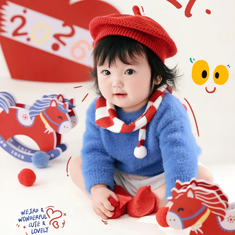 3-4 Month Newborn Photography Costume Cute Blue Sweater +Pants +Red Beret +Striped Scarf +Socks 5pcs/Set Baby Photoshoot Outfit