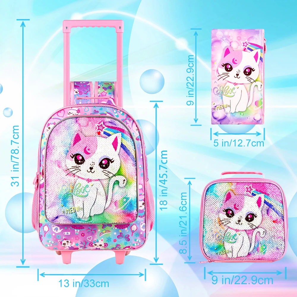 4PCS Kids Rolling Backpack for Girls, Cute Cat Sequin Wheeled Bookbag, Pink Roller School Bag with Wheels for Elementary