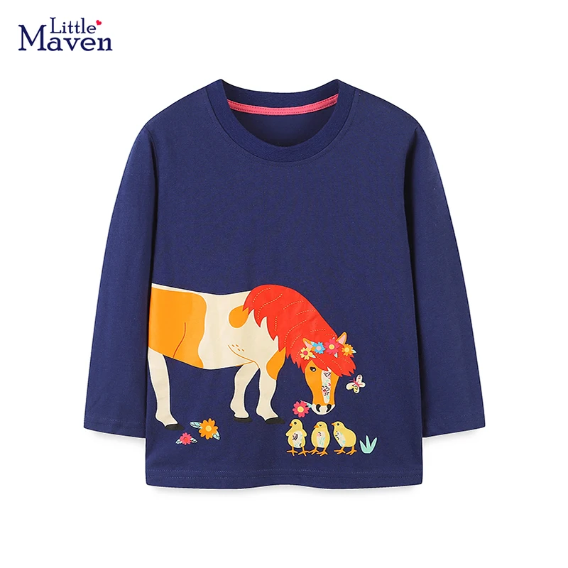 Little Maven 2023 New Autumn Girl Clothes Tops Children\'s Clothing Kids Cartoon Unicorn Long Sleeves T-shirt Cotton