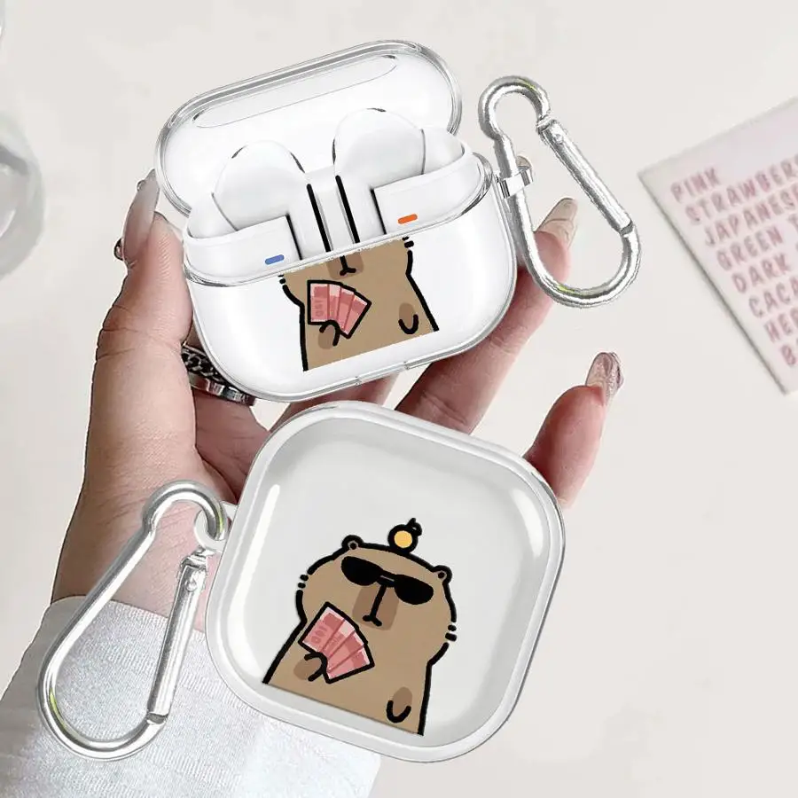 Clear Earphone Cases Cover With Hook Case For Samsung Galaxy Buds 3Pro 3 FE 4 Pro 4Pro Live 2Pro 2 Cute Capybara Cartoon