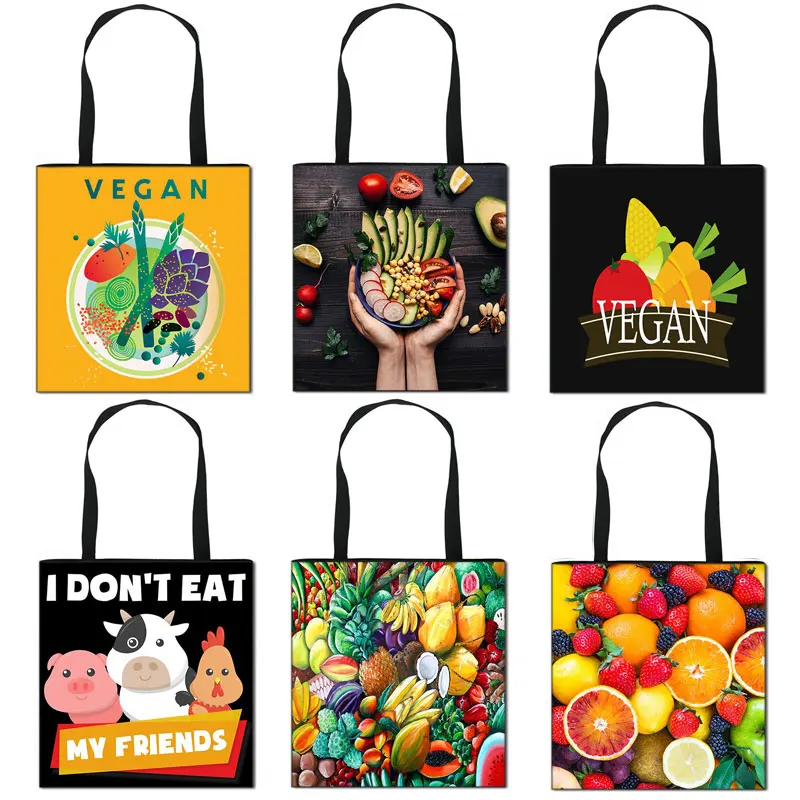 

Vegetarianism Fruit Casual Totes Women Handbag Vegan Shopping Bags Ladies Canvas Shoulder Bags Teenager Girls Travel Bag