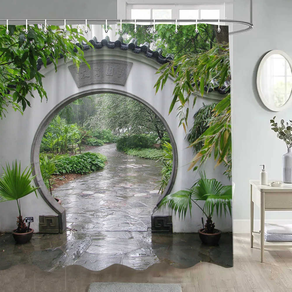 

Занавески для душа в китайском стиле: зеленые бамбуковые растения, арки, лунный проем, пейзаж после дождя. Декоративная полиэстеровая штора для ванной комнаты.