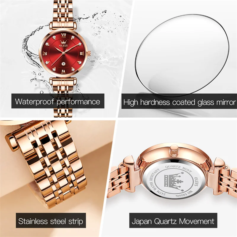 Imagem -06 - Olevs Luxo Moda Rosa Ouro Diamante Feminino Relógios Vinho Vermelho Feminino Quartzo Relógio de Pulso Senhoras Reloj Mujer Relógio 2023