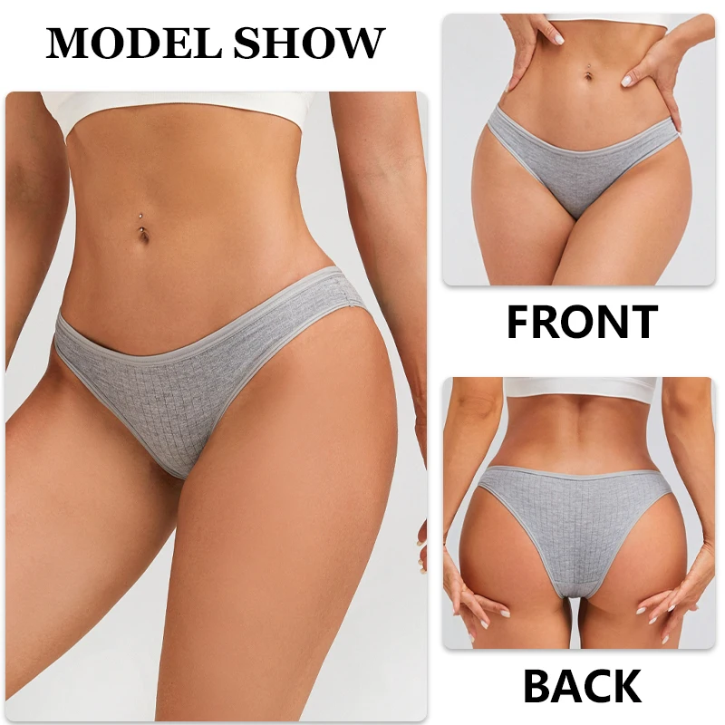 FINETOO 5PCS/SET Cotton Ribbed Striped Underwear for Women Plus Size 10 Soild Colours Stretch Briefs Ladies Soft Lingerie S-3XL - Image 3