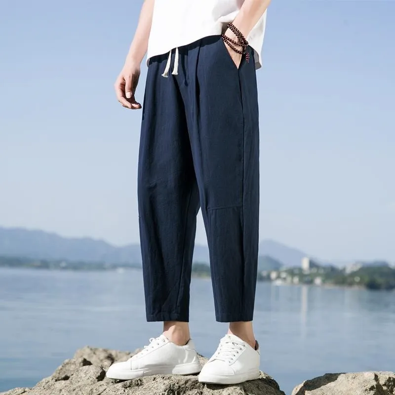 

Men's Casual Cotton Linen Sports Pants Summer Thin Large Size Loose Nine Points Low Waist Elastic Micro Stretch Trendy Youth ...