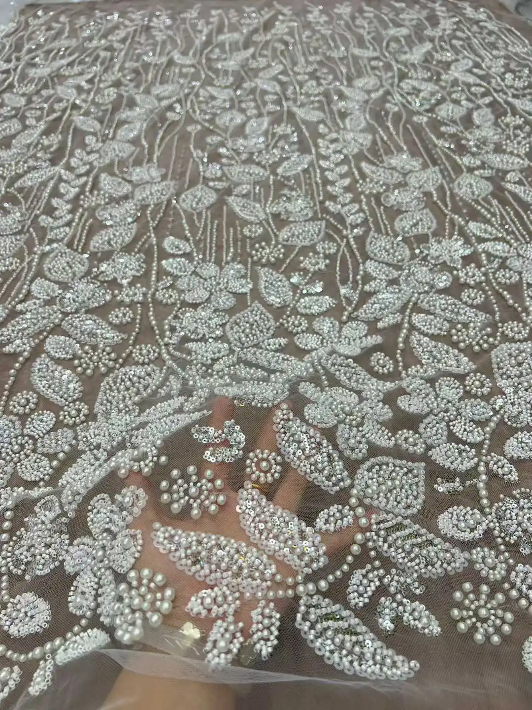 White Beads Lace Fabric 2025 High Quality Nigerian Sequins Beads Lace Fabric French Laces Fabrics for Party Dress Sew CC1580