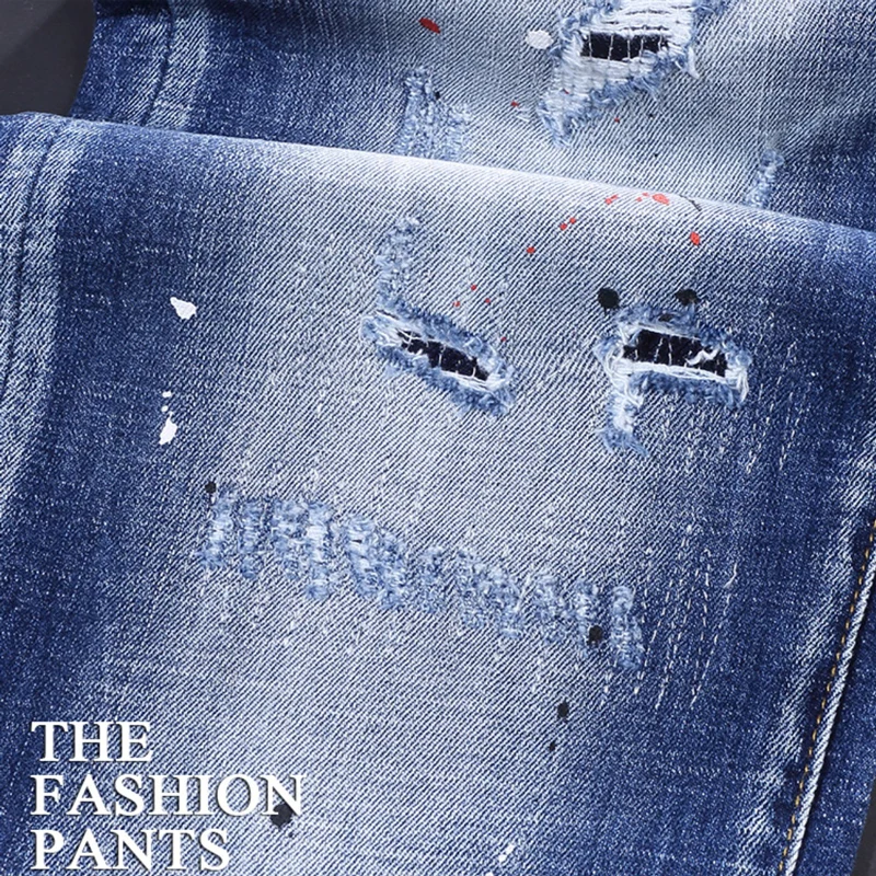 Street Fashion Men Jeans Retro Blue Elastic Stretch Slim Ripped Jeans Men Painted Designer Trousers Vintage Denim Pants Hombre