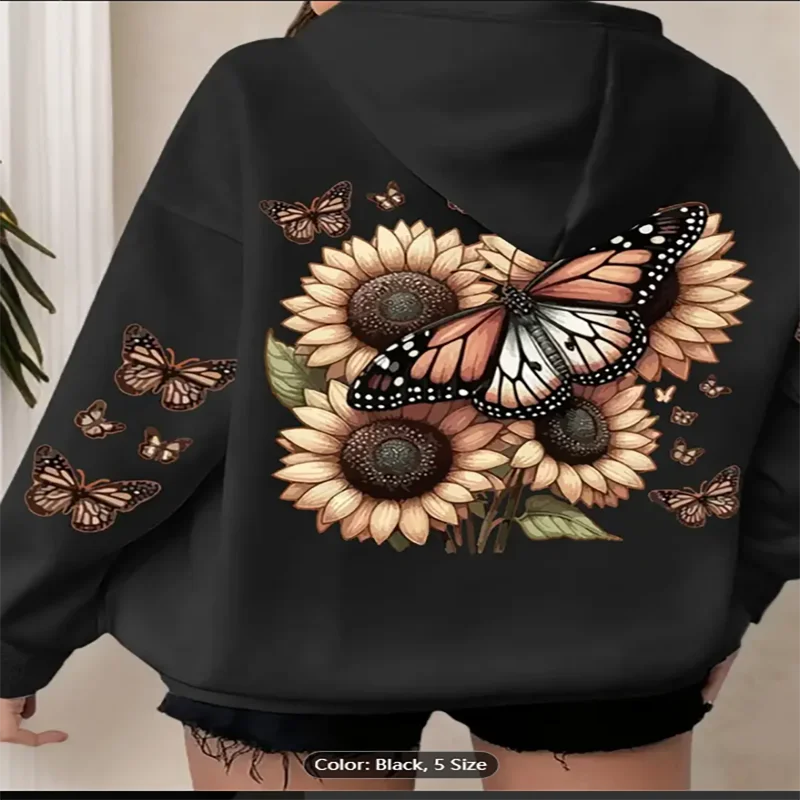 

Relaxed Fit Oversized Hoodie Women's Casual Long Sleeve Pullover with Sunflower & Butterfly Print Machine Washable All-Season