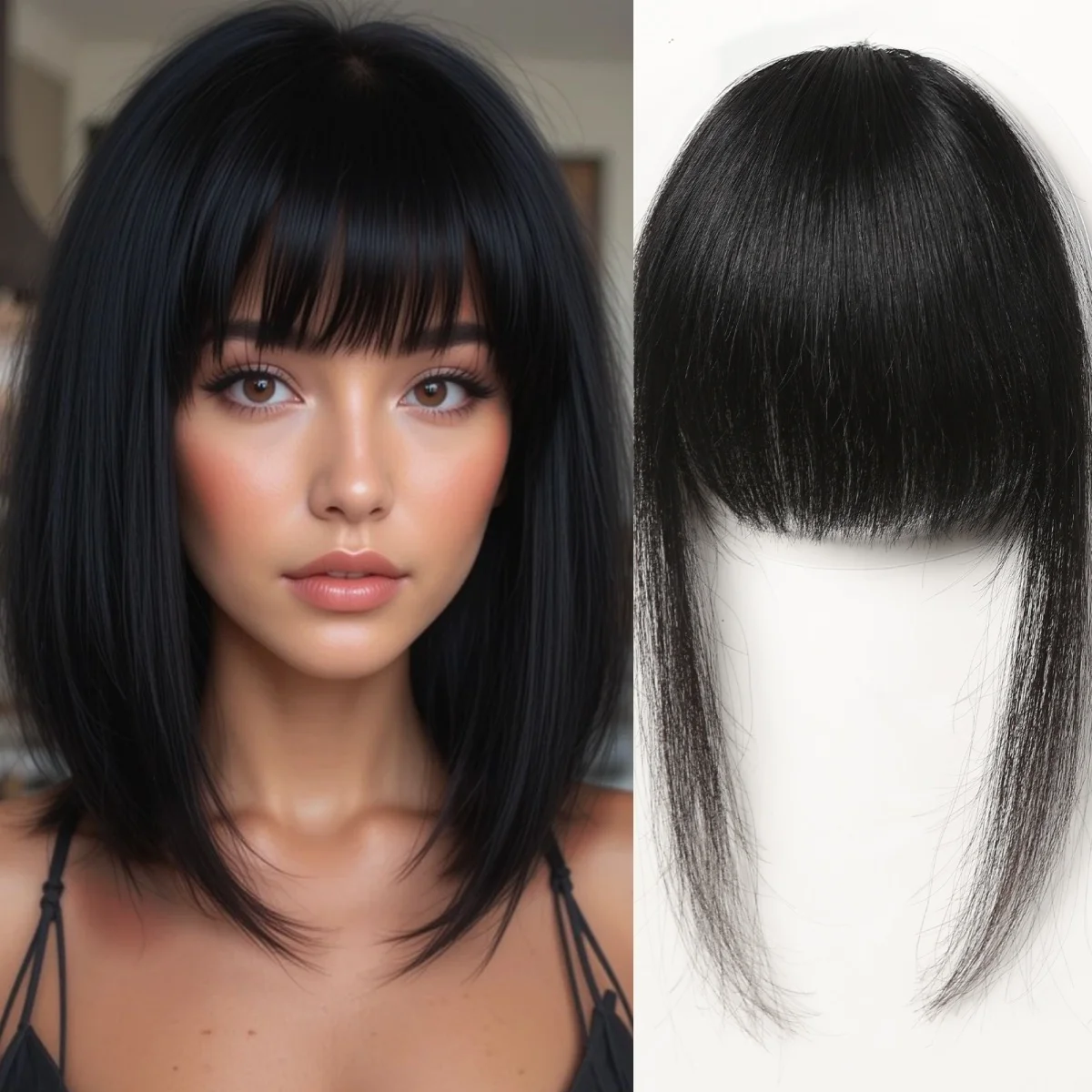 

Черная заколка для наращивания волос на челке, 100% человеческие волосы, прямые волосы с воздушной челкой для женщин, ежедневное использование, тонкие волосы